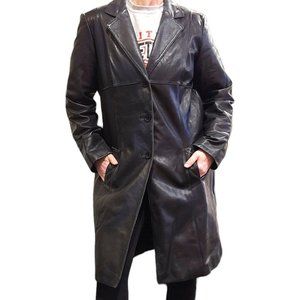 Black Large‎ Patchwork Leather Trench Coat Knee Length Butter Soft VTG 90s